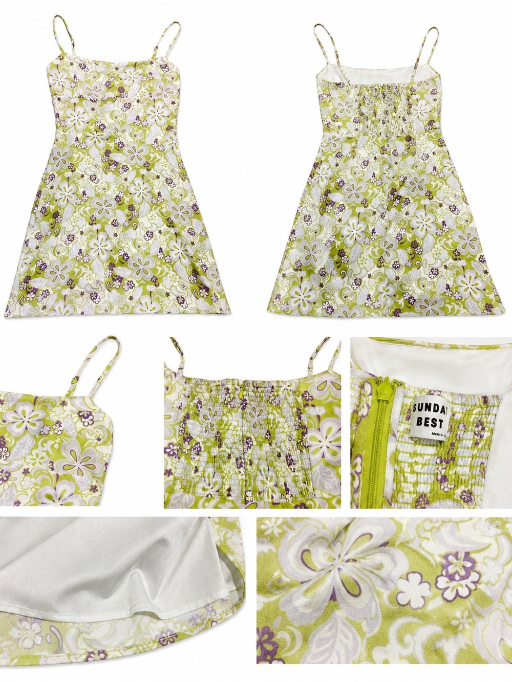 Sunday Best Green White and Purple Floral Slip Dress XS